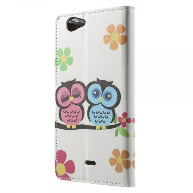 Wiko Pulp Fab 4G Leder Cover Handyhülle mit verliebtem Eulenpärchen