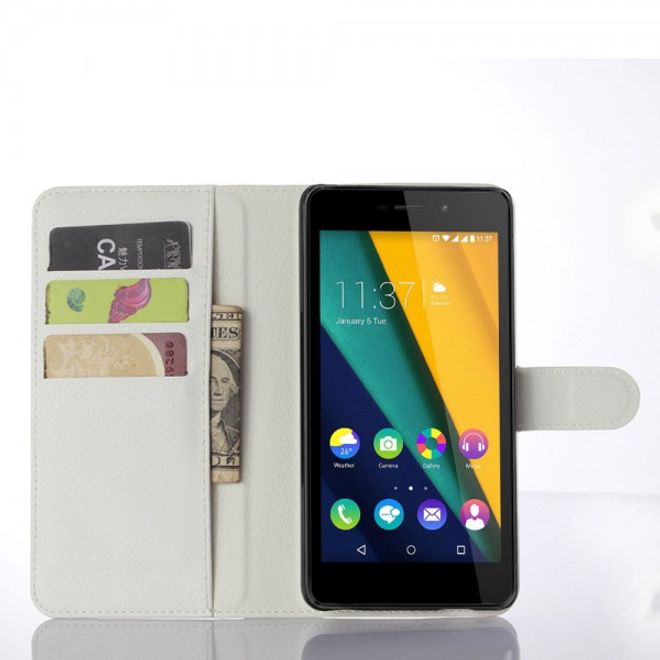 Wiko Pulp Fab 4G Schicke Leder Case Hülle mit Litchitextur und Standfunktion - weiss