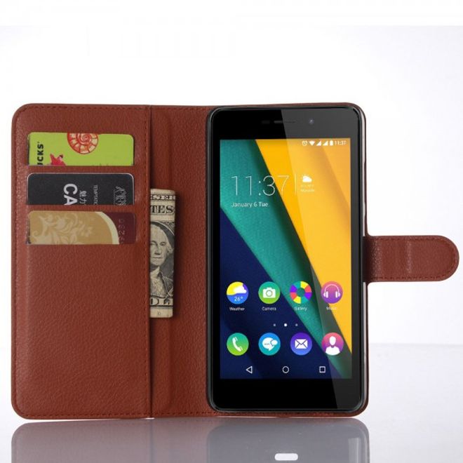 Wiko Pulp Fab 4G Schicke Leder Case Hülle mit Litchitextur und Standfunktion - braun