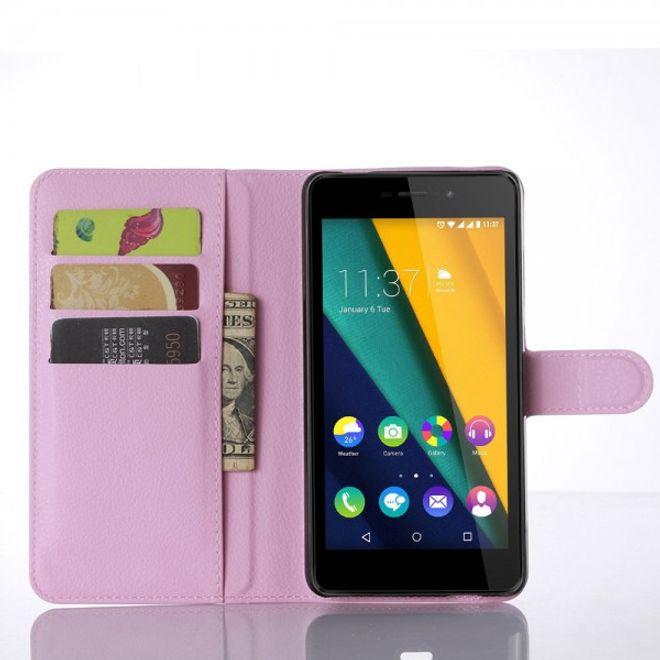 Wiko Pulp Fab 4G Schicke Leder Case Hülle mit Litchitextur und Standfunktion - pink
