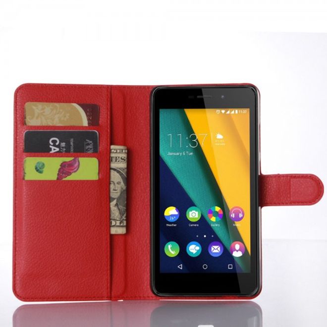 Wiko Pulp Fab 4G Schicke Leder Case Hülle mit Litchitextur und Standfunktion - rot