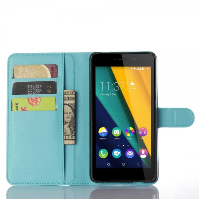 Wiko Pulp Fab 4G Schicke Leder Case Hülle mit Litchitextur und Standfunktion - blau
