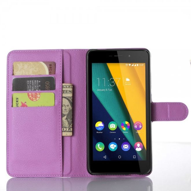 Wiko Pulp Fab 4G Schicke Leder Case Hülle mit Litchitextur und Standfunktion - purpur