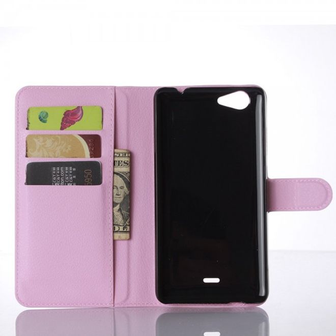 Wiko Pulp Fab 4G Schicke Leder Case Hülle mit Litchitextur und Standfunktion - pink