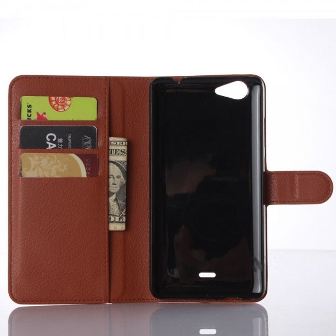 Wiko Pulp Fab 4G Schicke Leder Case Hülle mit Litchitextur und Standfunktion - braun