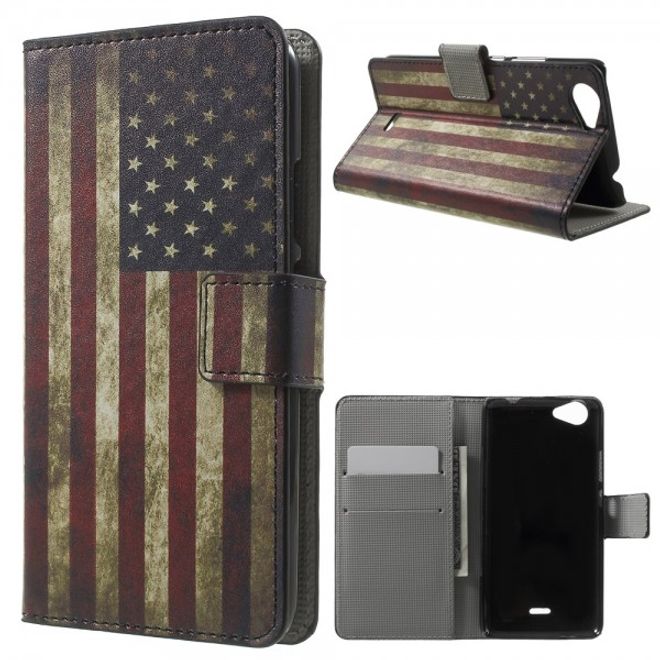 Wiko Rainbow Jam Leder Case Hülle mit USA Flagge retro-style