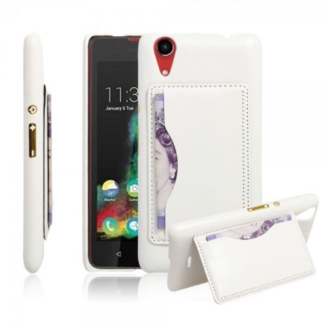 Wiko Rainbow Lite Klassische Retro Hart Plastik Case Hülle mit lederartigem Überzug - weiss