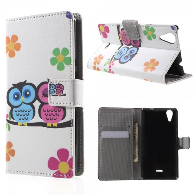 Wiko Rainbow Lite Leder Cover Hülle mit verliebtem Eulenpärchen