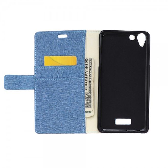 Wiko Selfy 4G Leder Case Hülle mit stoffartiger Textur und Standfunktion - hellblau