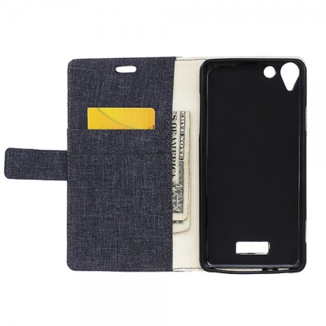 Wiko Selfy 4G Leder Case Hülle mit stoffartiger Textur und Standfunktion - dunkelblau