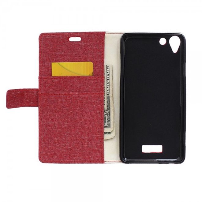 Wiko Selfy 4G Leder Case Hülle mit stoffartiger Textur und Standfunktion - rot