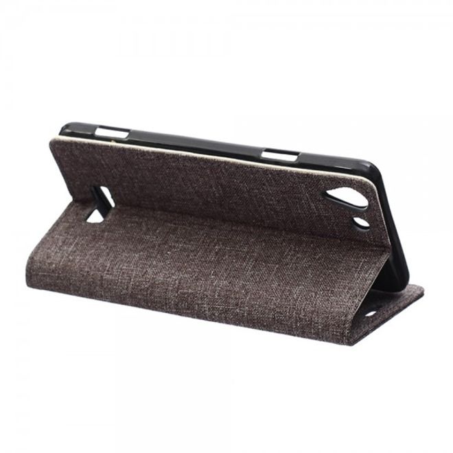 Wiko Selfy 4G Leder Case Hülle mit stoffartiger Textur und Standfunktion - grau