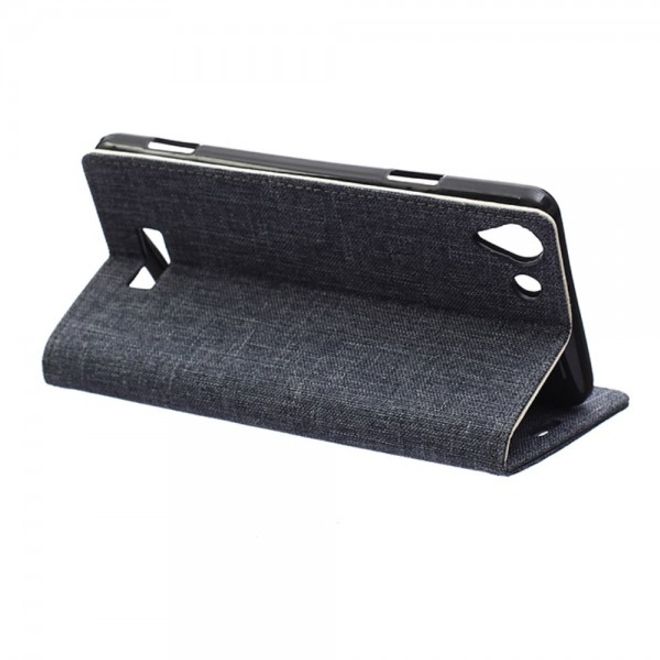 Wiko Selfy 4G Leder Case Hülle mit stoffartiger Textur und Standfunktion - dunkelblau