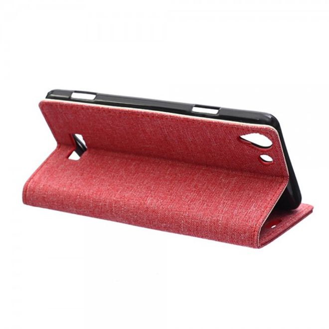Wiko Selfy 4G Leder Case Hülle mit stoffartiger Textur und Standfunktion - rot
