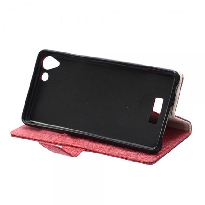 Wiko Selfy 4G Leder Case Hülle mit stoffartiger Textur und Standfunktion - rot