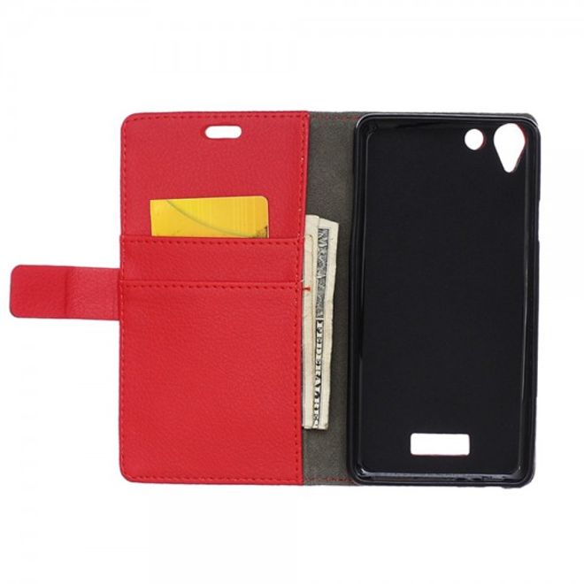 Wiko Selfy 4G Leder Cover Case mit Litchitextur und Kreditkartenslots - rot
