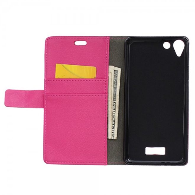 Wiko Selfy 4G Leder Cover Case mit Litchitextur und Kreditkartenslots - rosa
