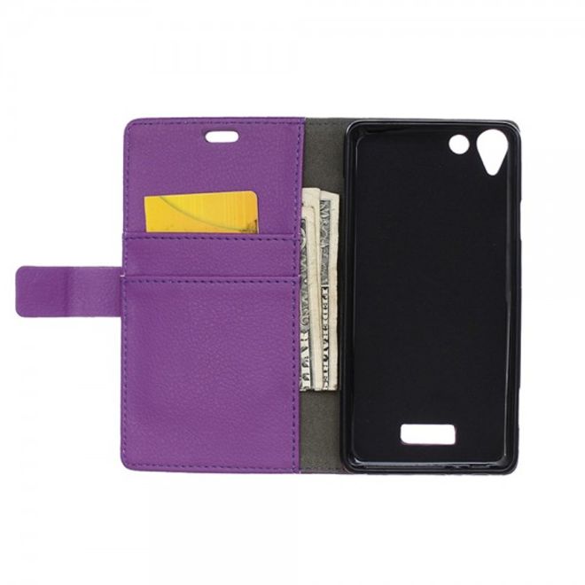 Wiko Selfy 4G Leder Cover Case mit Litchitextur und Kreditkartenslots - purpur