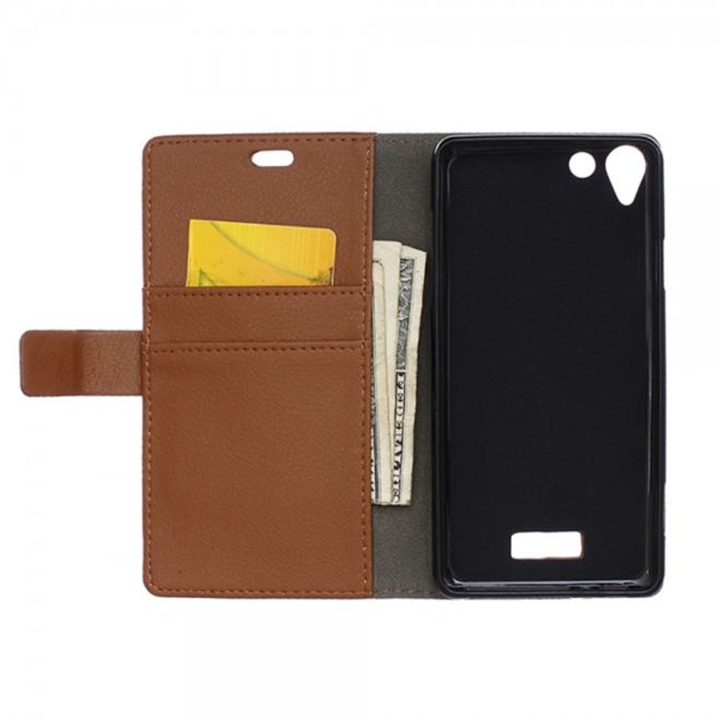 Wiko Selfy 4G Leder Cover Case mit Litchitextur und Kreditkartenslots - braun