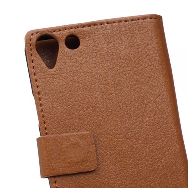 Wiko Selfy 4G Leder Cover Case mit Litchitextur und Kreditkartenslots - braun