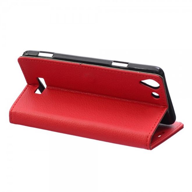 Wiko Selfy 4G Leder Cover Case mit Litchitextur und Kreditkartenslots - rot
