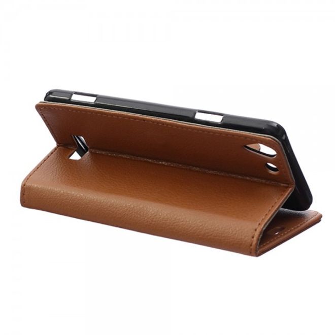 Wiko Selfy 4G Leder Cover Case mit Litchitextur und Kreditkartenslots - braun