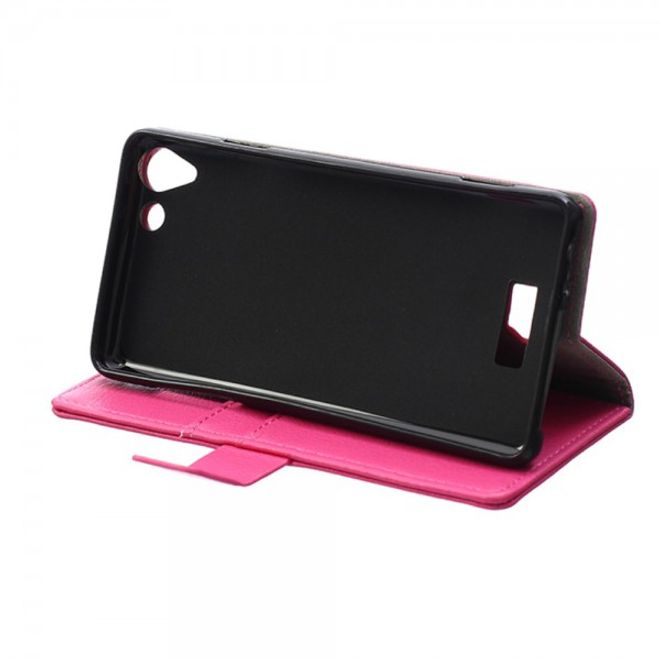 Wiko Selfy 4G Leder Cover Case mit Litchitextur und Kreditkartenslots - rosa