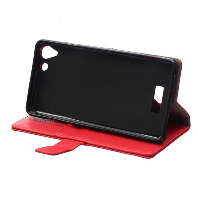 Wiko Selfy 4G Leder Cover Case mit Litchitextur und Kreditkartenslots - rot
