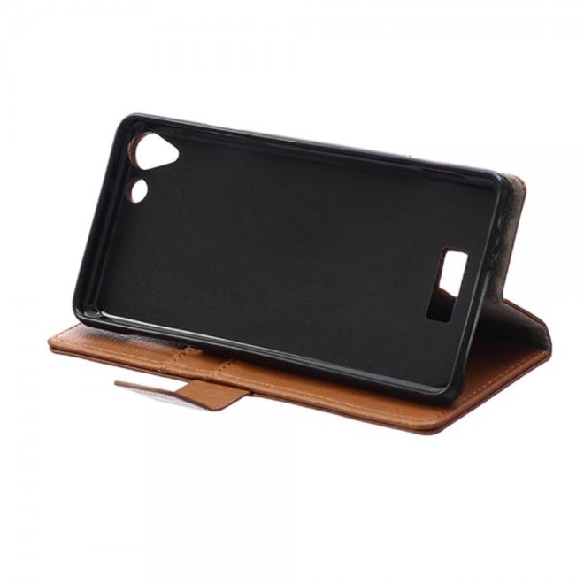 Wiko Selfy 4G Leder Cover Case mit Litchitextur und Kreditkartenslots - braun