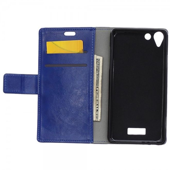 Wiko Selfy 4G Schickes Crazy Horse Leder Case Hülle mit Standfunktion - blau
