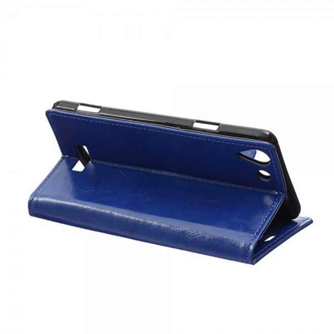 Wiko Selfy 4G Schickes Crazy Horse Leder Case Hülle mit Standfunktion - blau