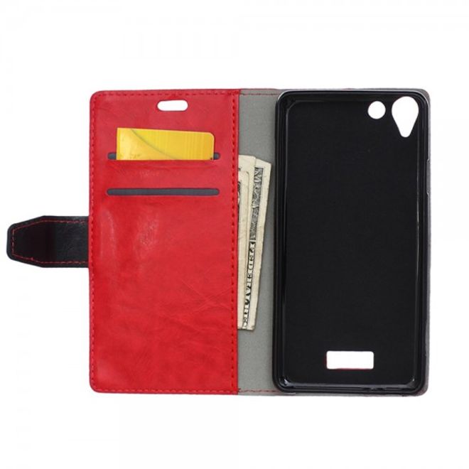 Wiko Selfy 4G Zweifarbige Crazy Horse Leder Case Hülle mit Standfunktion - rot