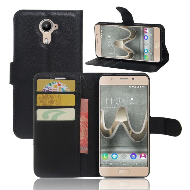 Wiko U Feel Lite Handyhülle - Case aus Leder - mit Litchi Look und Standfunktion - schwarz