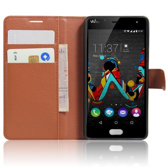 Wiko U Feel Lite Handyhülle - Leder Case - mit Litchitextur und Standfunktion - braun