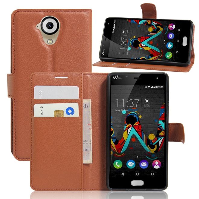 Wiko U Feel Lite Handyhülle - Leder Case - mit Litchitextur und Standfunktion - braun