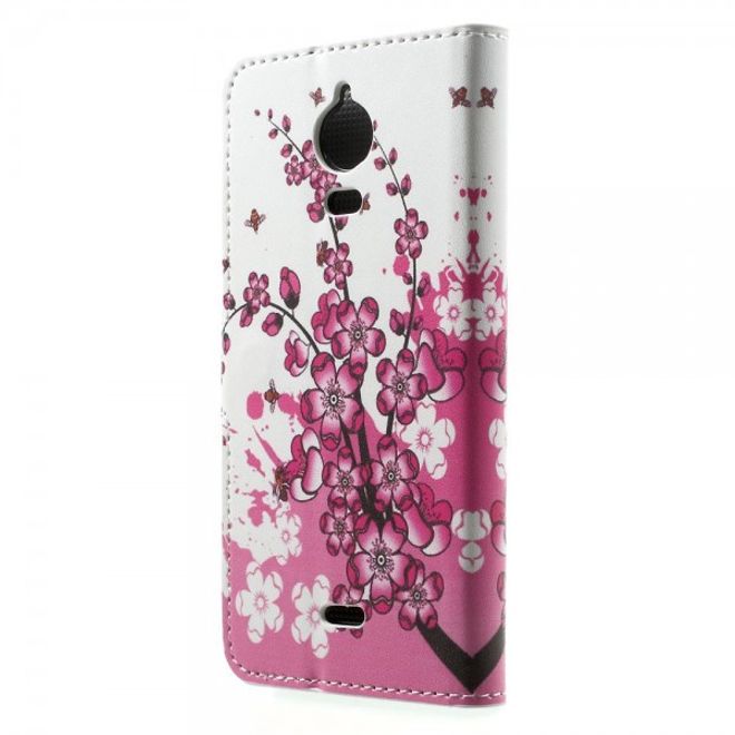 Wiko Wax Leder Case Hülle mit pinken Blumen