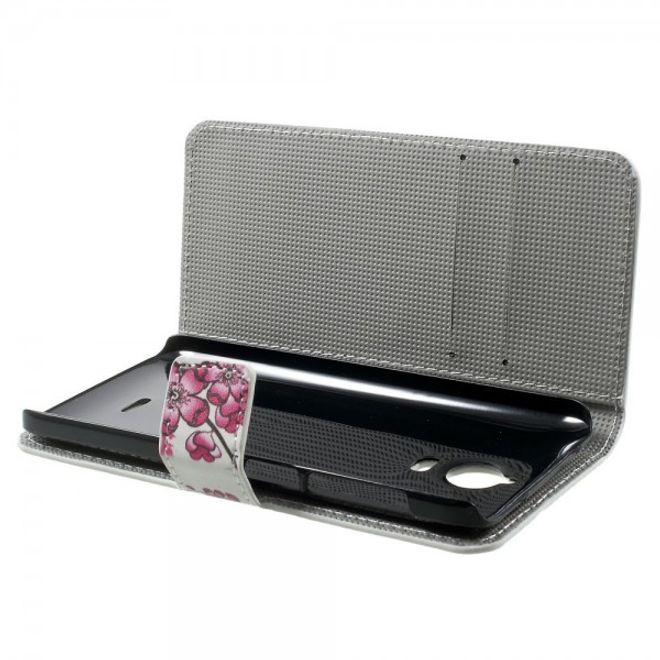 Wiko Wax Leder Case Hülle mit pinken Blumen
