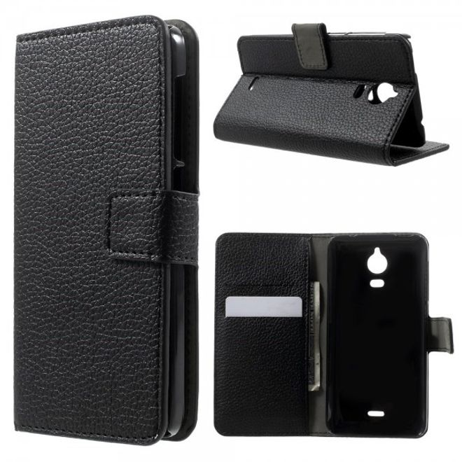 Wiko Wax Leder Cover Hülle mit Litchitextur und Standfunktion - schwarz